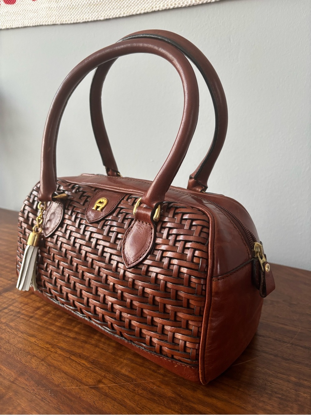 Etienne Aigner Brown Woven Leather Shoulder Bag Two Handle Tassel Charm - Picture 3 of 8